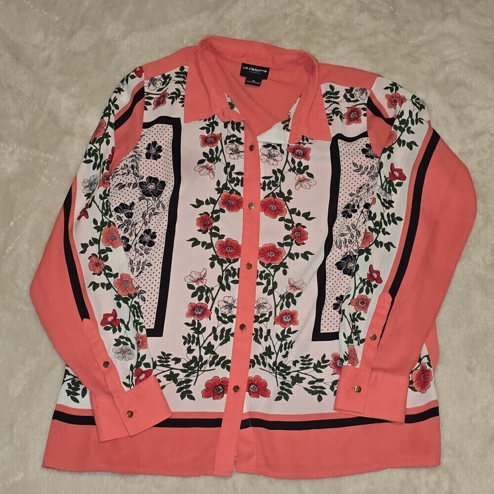 Liz Claiborne Career Floral Button Blouse Women’s Medium Long Sleeve Coral Black - Picture 1 of 10